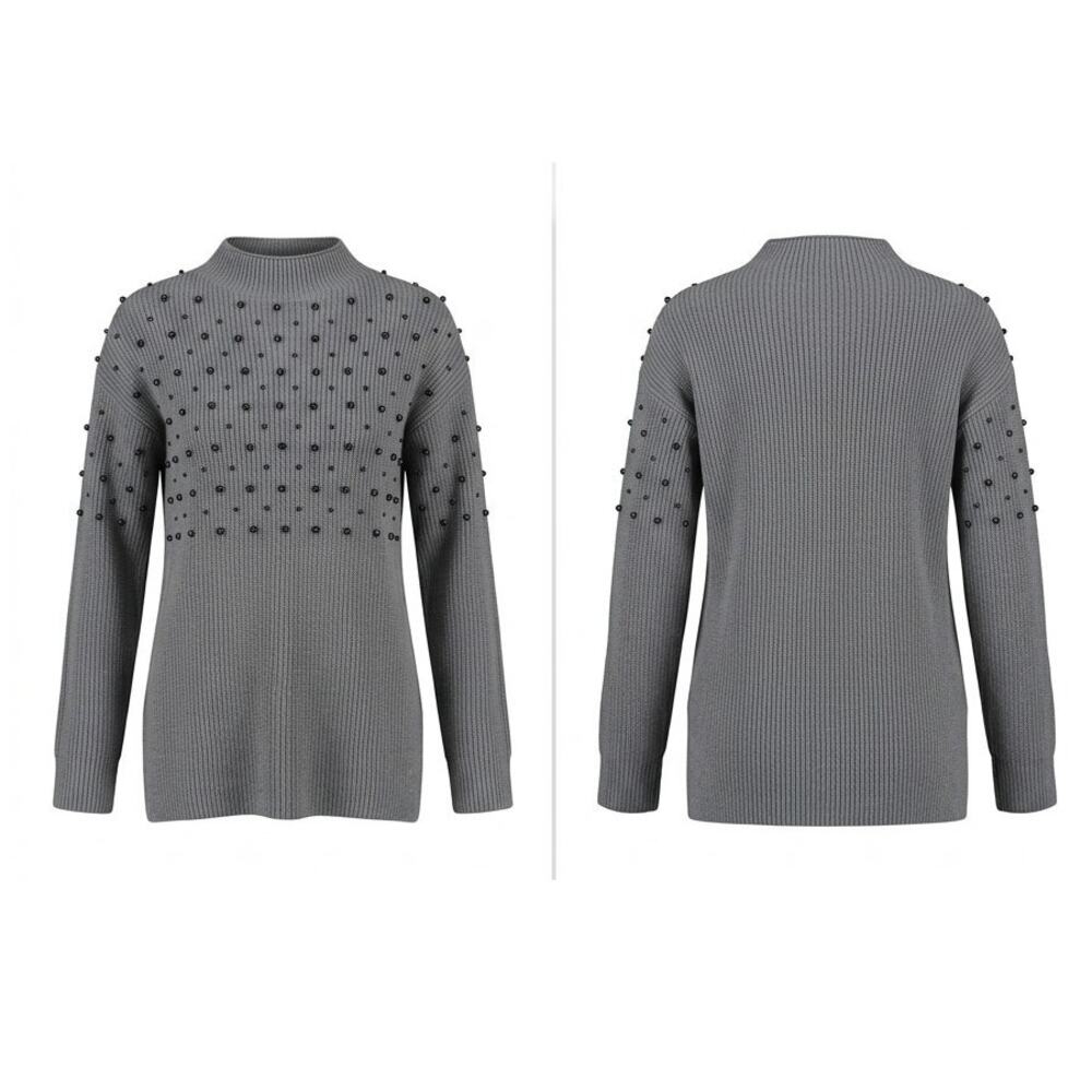 Lyssé Gray Beaded Mock Neck Knit Pullover Sweater Women Size S